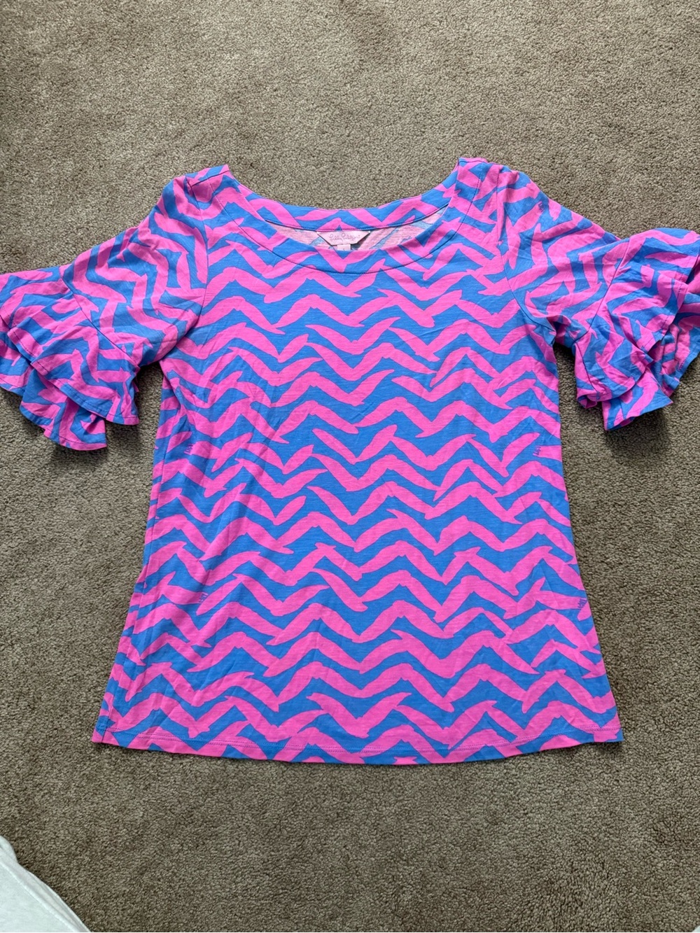 Lilly Pulitzer Pink and Blue Chevron Ruffle-Sleeve Tee